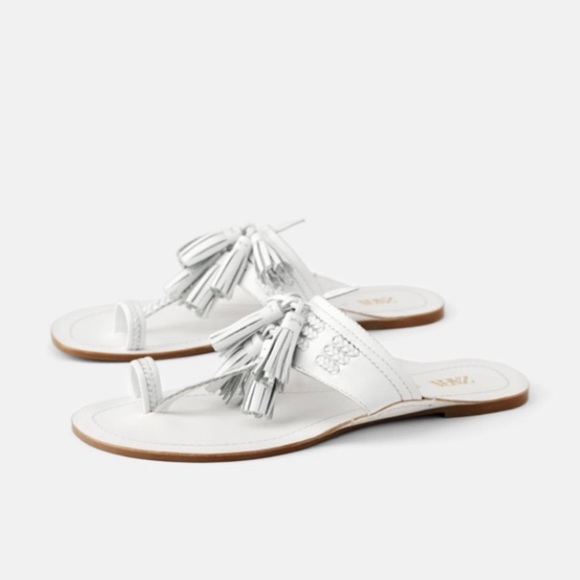 ZARA LEATHER FLAT TASSLE BRAIDED WHITE SANDALS BRAND NEW WITH TAGS US 7.5 EUR 38 - Picture 2 of 10